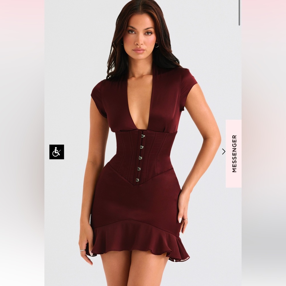 HOUSE of CB “TIANNA” wine ruffle corset dress